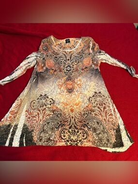 Women's Long Sleeve Printed A-Line Dress in Orange and Brown